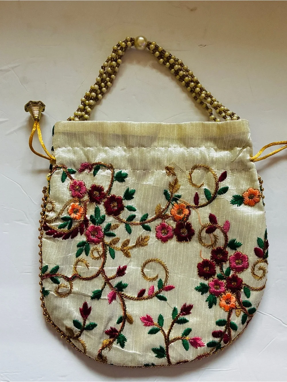 Embroidered Cream Floral Beaded Handle Women's Evening Bag